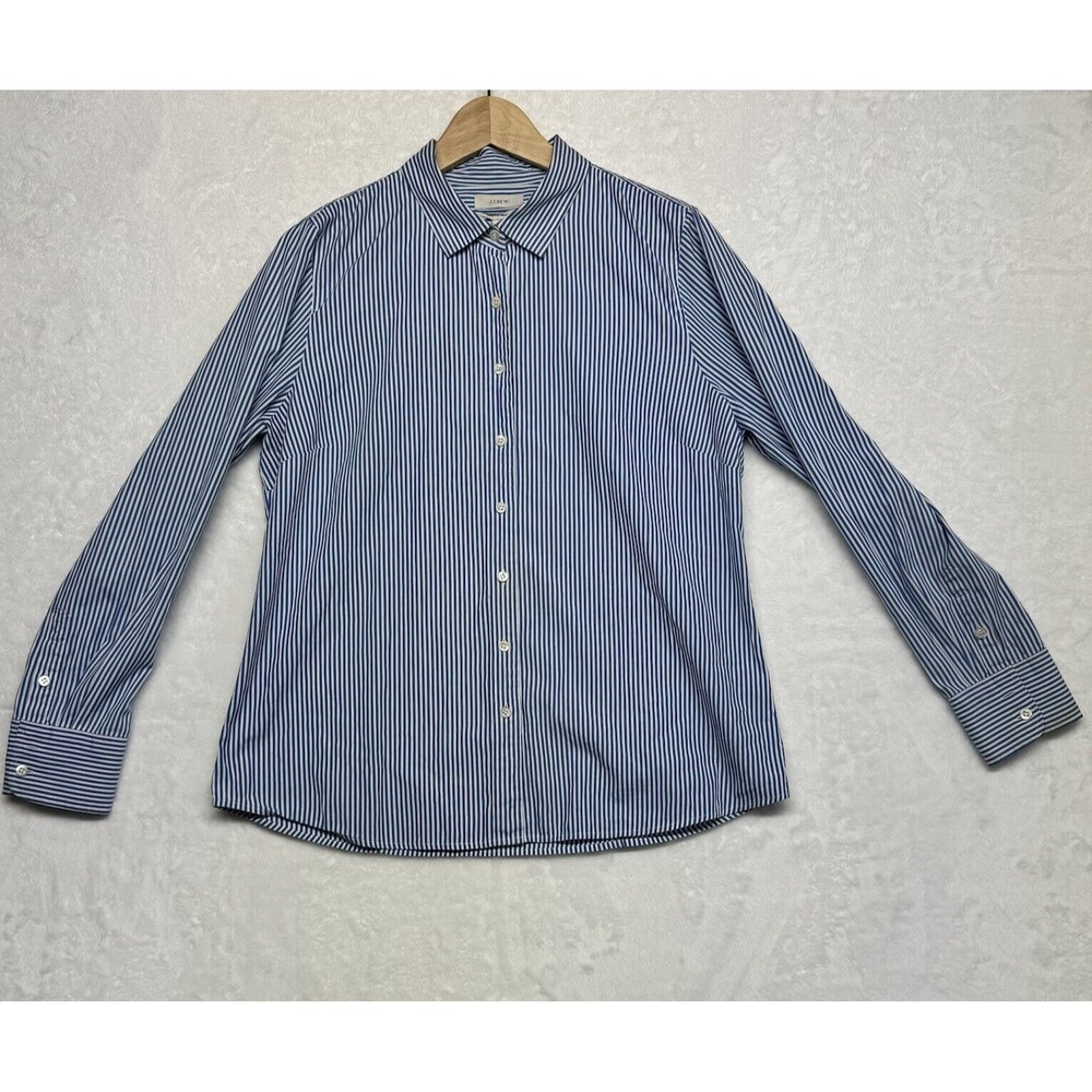 J.CREW Stretch Perfect Shirt Womens Size PL  Blue Striped Long Sleeve Button Up